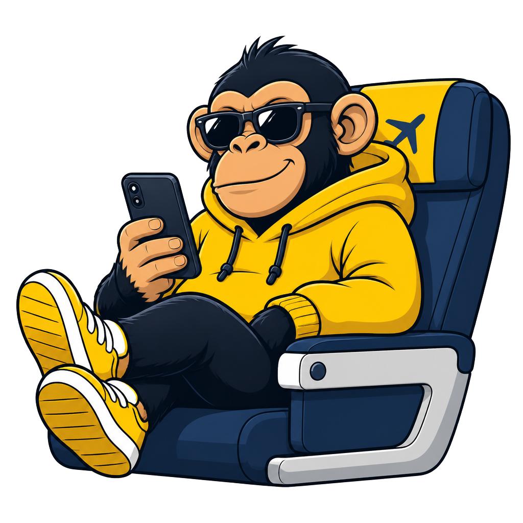 The BoardingChimp mascot relaxing in an airplane seat with his phone